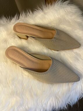 Neutral Taupe Knit Pointed Mule with Low Block Heel